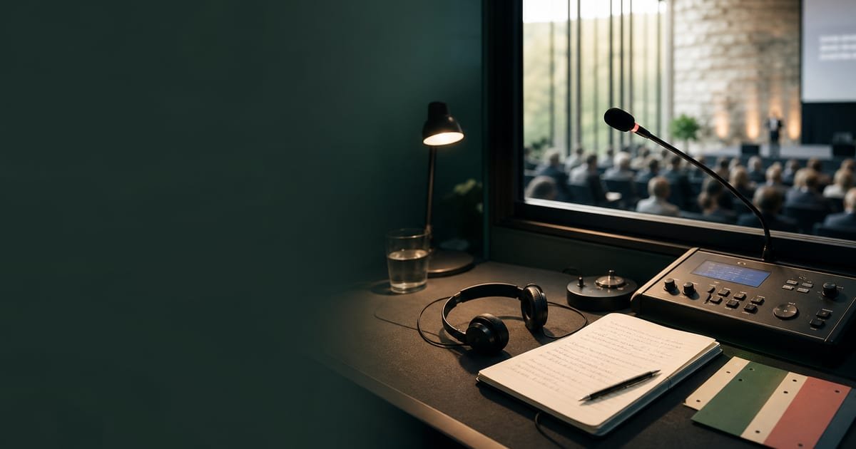 Interpreter booth with microphone, headset and conference room beyond the glass